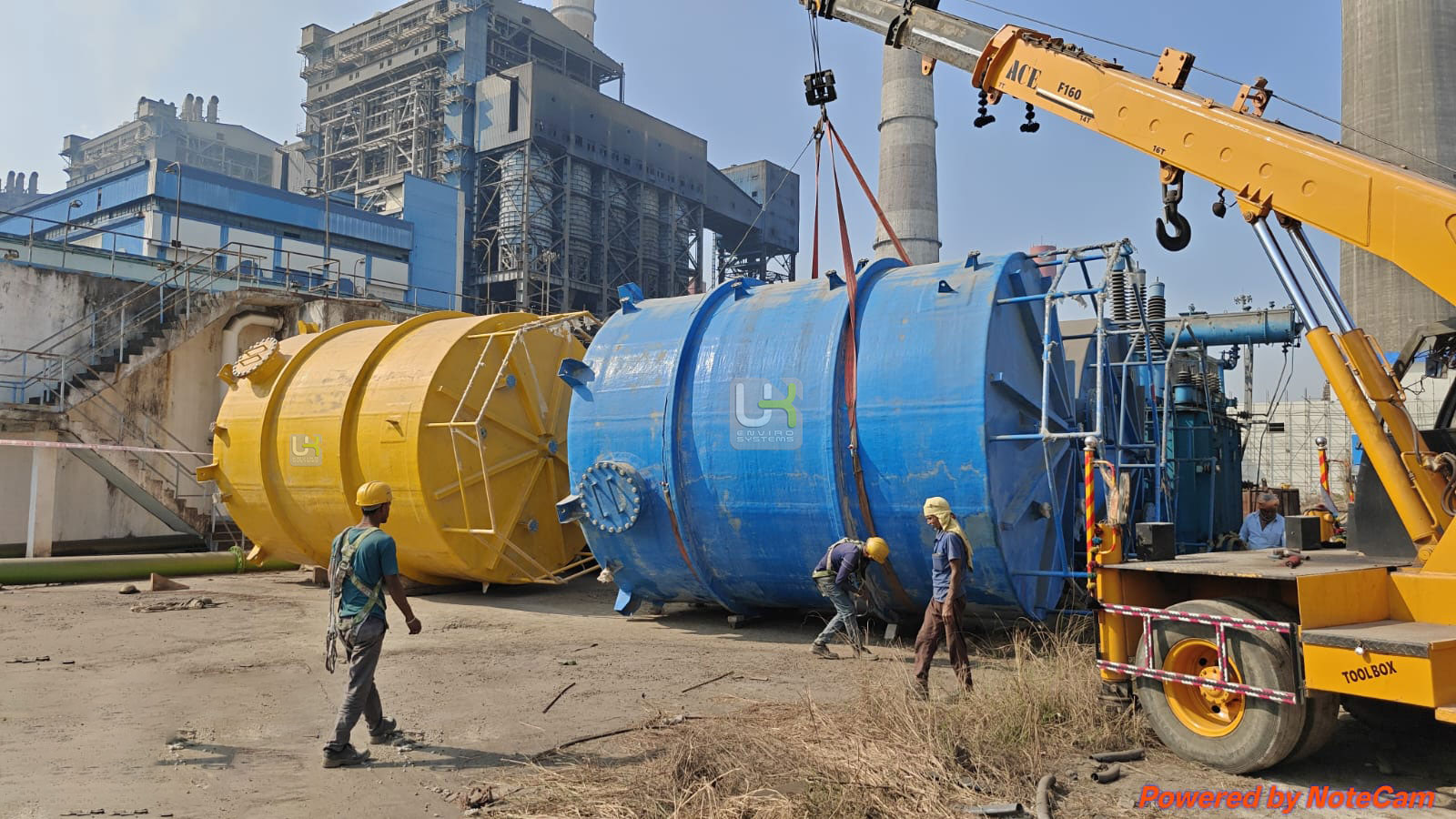 FRP acid storage tank crane-lifted for installation at client site